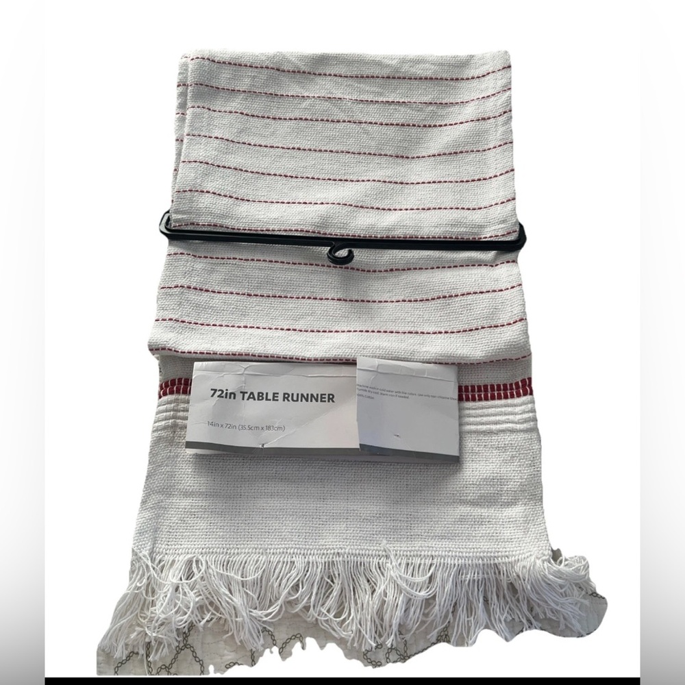 At Home White Red Woven Cotton 72x14" Holiday Table Runner New Unused Unwashed